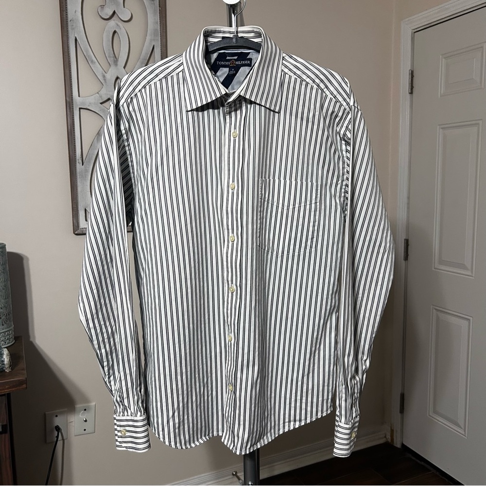 Tommy Hilfiger 80’s 2 Ply Fabric Button Down Shirt M Long Sleeve‎ Gray White